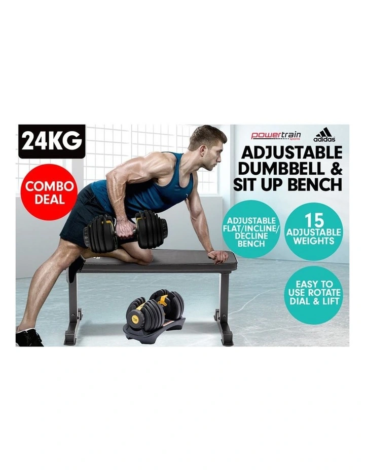 Powertrain 24kg Gold Adjustable Dumbbell w/ 10437 Adidas Bench image 3
