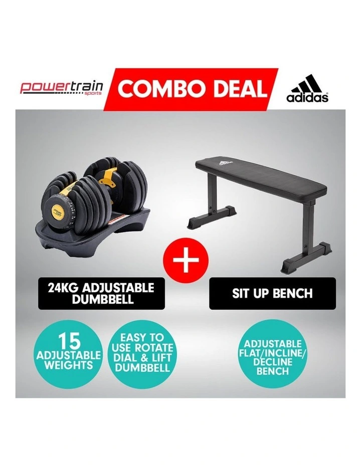 Powertrain 24kg Gold Adjustable Dumbbell w/ 10437 Adidas Bench image 7