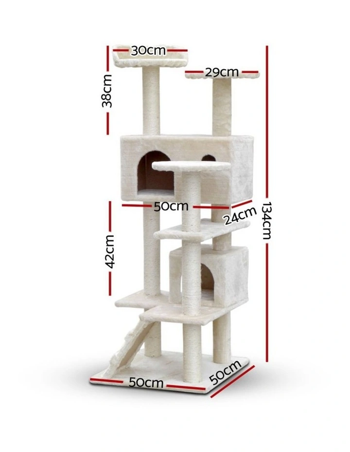 Wood Tower Scratching Cat Tree House 134cm in Beige image 2