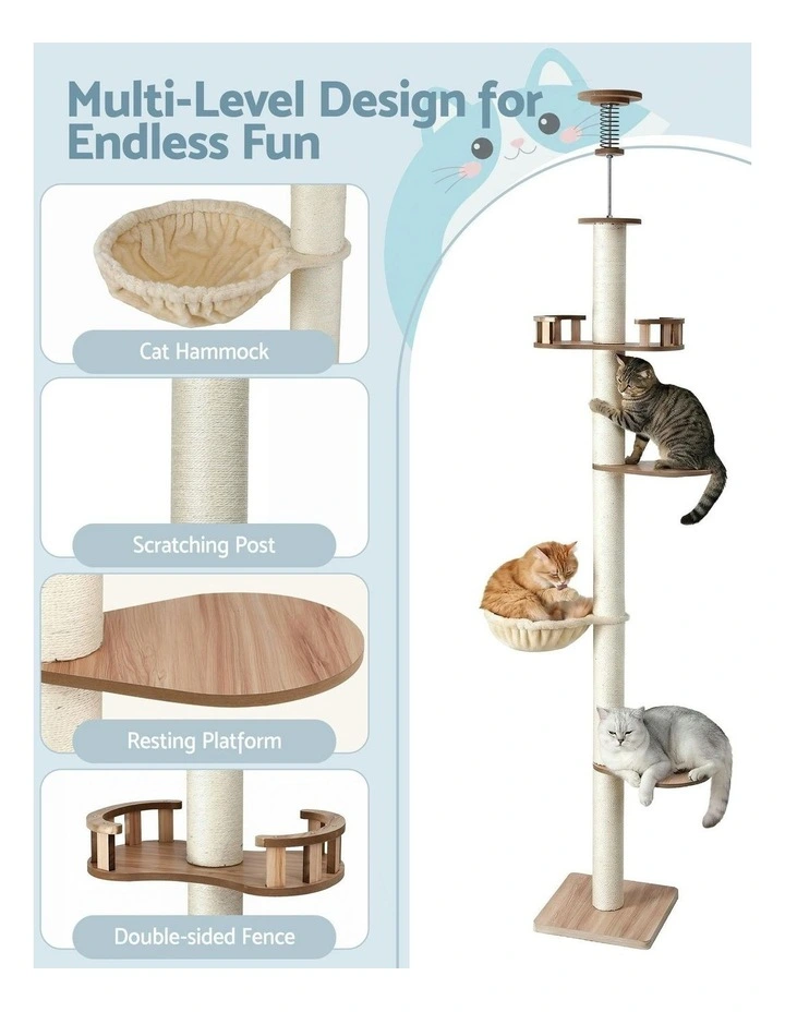 Tower Floor To Ceiling Scratching Cat Tree 270cm in Beige image 5