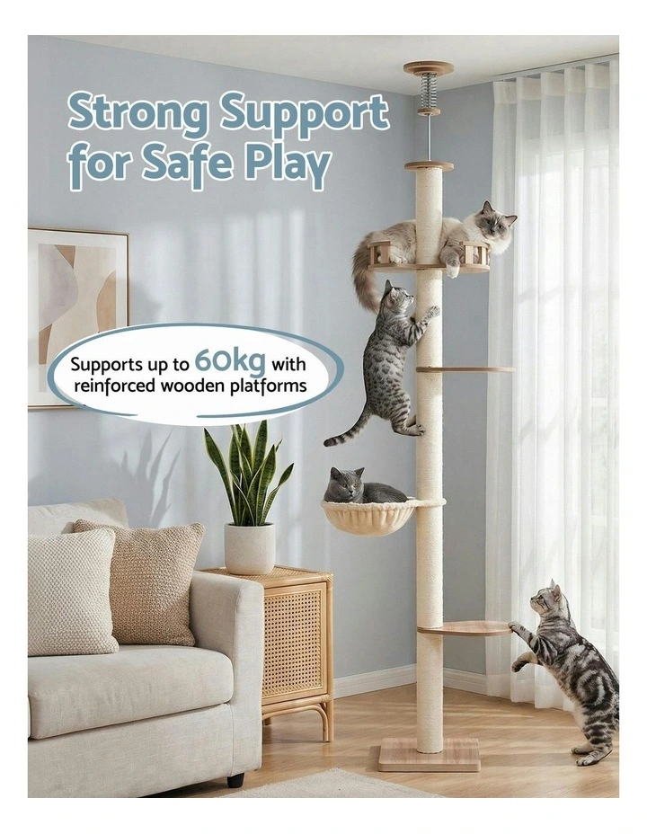 Tower Floor To Ceiling Scratching Cat Tree 270cm in Beige image 6