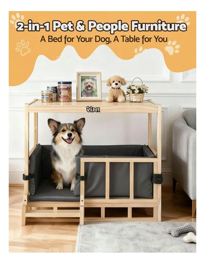 Bedding Wooden House Indoor 2in1 Dog Kennel Crate Furniture in Grey image 5