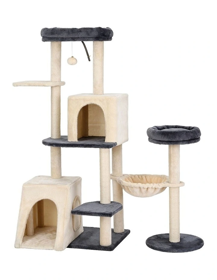 i.Pet Cat Tree Tower 133cm Rotatable L-Shape Scratching Post Scratcher House Grey & Beige image 1