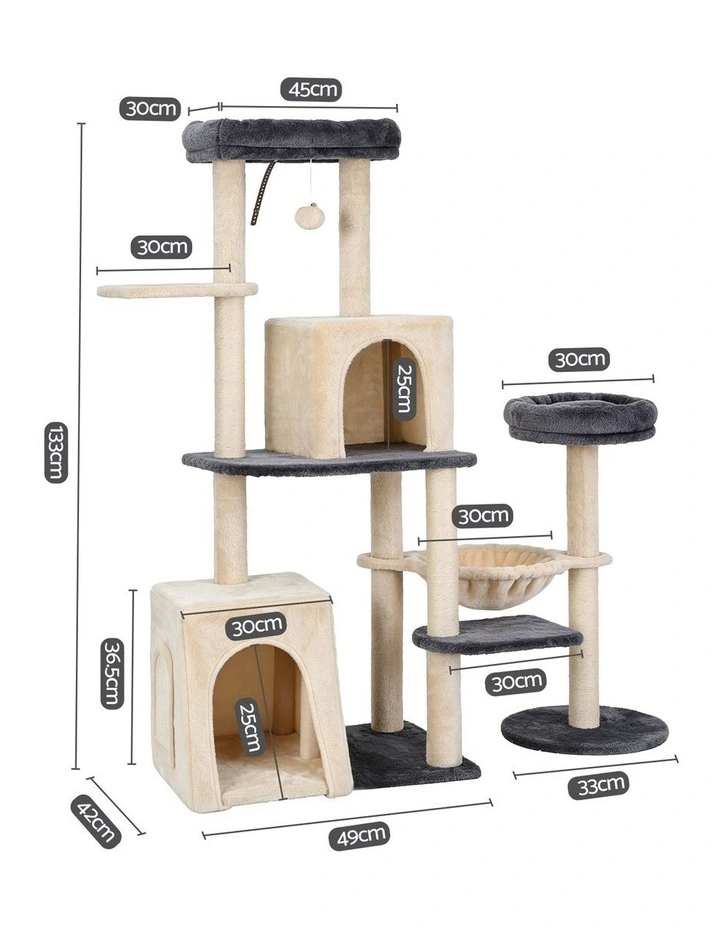 i.Pet Cat Tree Tower 133cm Rotatable L-Shape Scratching Post Scratcher House Grey & Beige image 3