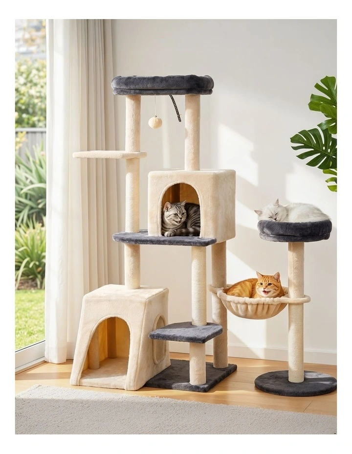 i.Pet Cat Tree Tower 133cm Rotatable L-Shape Scratching Post Scratcher House Grey & Beige image 4