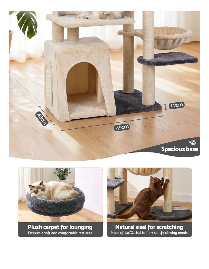 i.Pet Cat Tree Tower 133cm Rotatable L-Shape Scratching Post Scratcher House Grey & Beige image 5