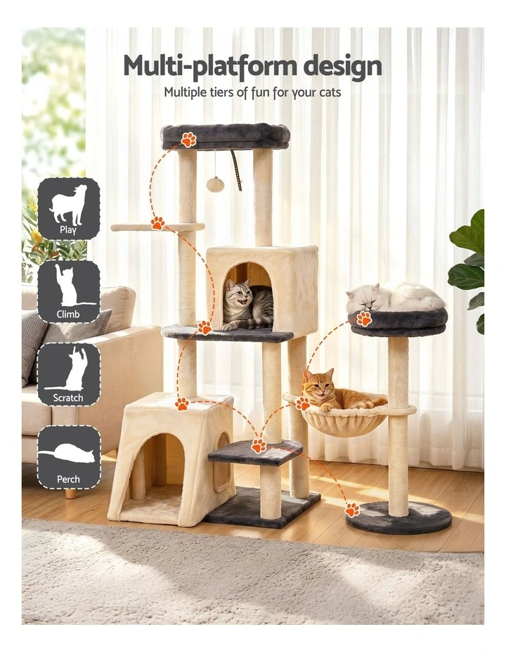 i.Pet Cat Tree Tower 133cm Rotatable L-Shape Scratching Post Scratcher House Grey & Beige image 6