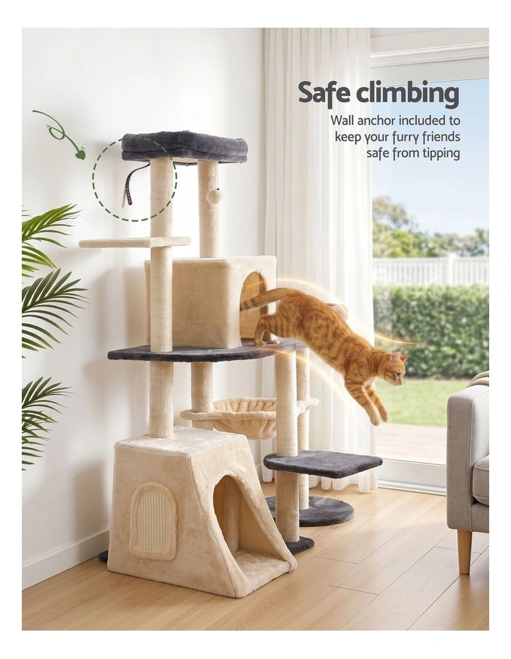 i.Pet Cat Tree Tower 133cm Rotatable L-Shape Scratching Post Scratcher House Grey & Beige image 7