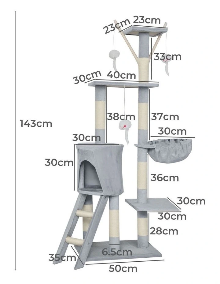 Pawz Cat Tree Tower Scratching Post Climbing House Bed Grey 143cm image 3