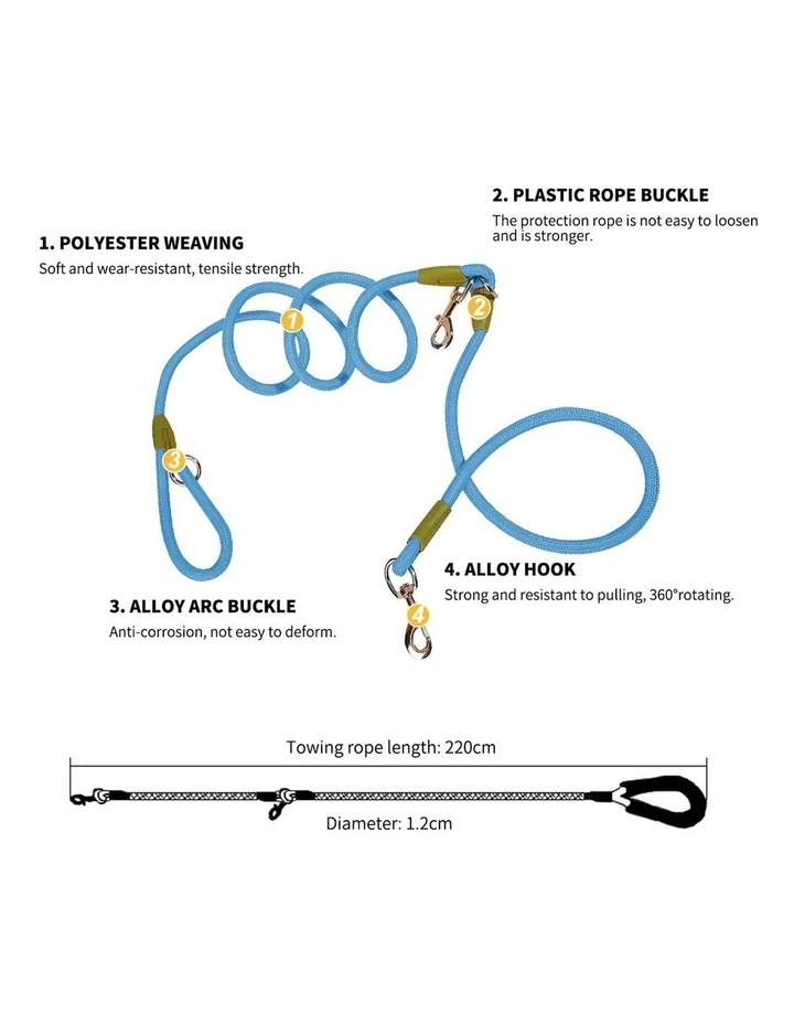 SOGA 2X 220cm Hands Free Double Ended Dog Leash Pet Training Blue image 3