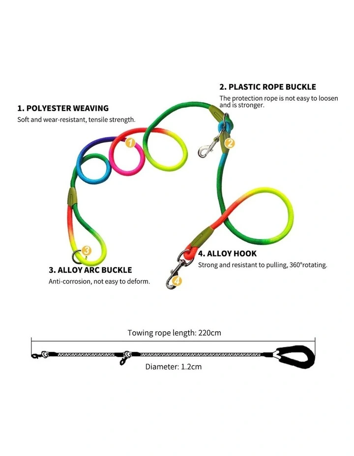 SOGA 2X 220cm Hands Free Double Ended Dog Leash Pet Training Rainbow image 3