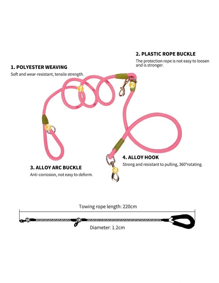 SOGA 2X 220cm Hands Free Double Ended Dog Leash Pet Training Pink image 3