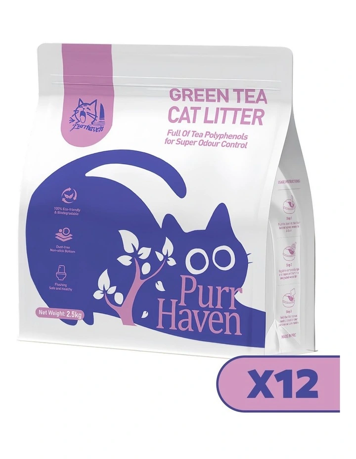 PurrHaven Green Tea Clumping Cat Litter 30kg 12 Pack Dust-Free Flushable Odour Neutraliser image 1