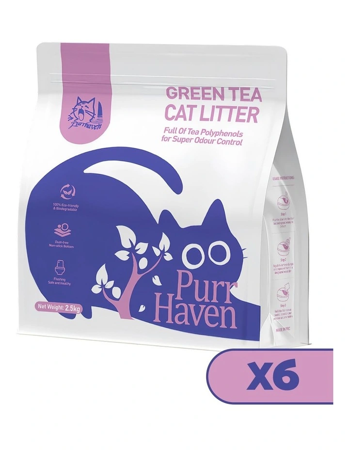 PurrHaven Green Tea Clumping Cat Litter 15kg 6 Pack Dust-Free Flushable Odour Neutraliser image 1