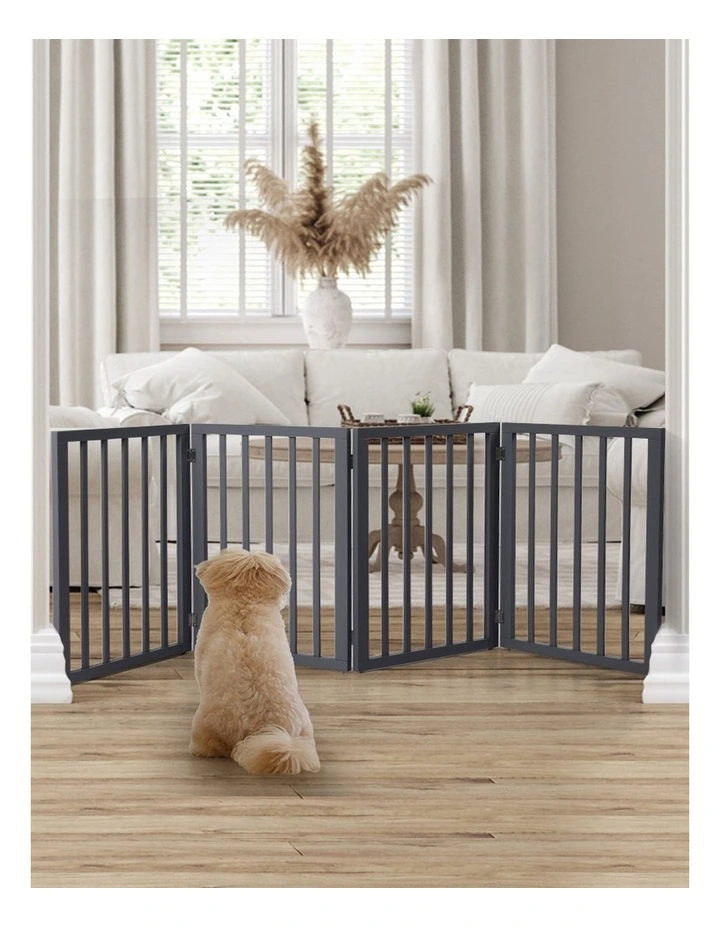 Wooden Pet Gate Dog Fence Retractable Barrier Portable Door 4 Panel Grey image 6
