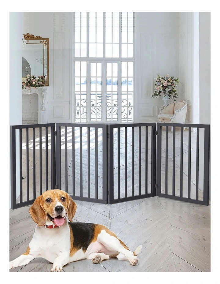 Wooden Pet Gate Dog Fence Retractable Barrier Portable Door 4 Panel Grey image 7