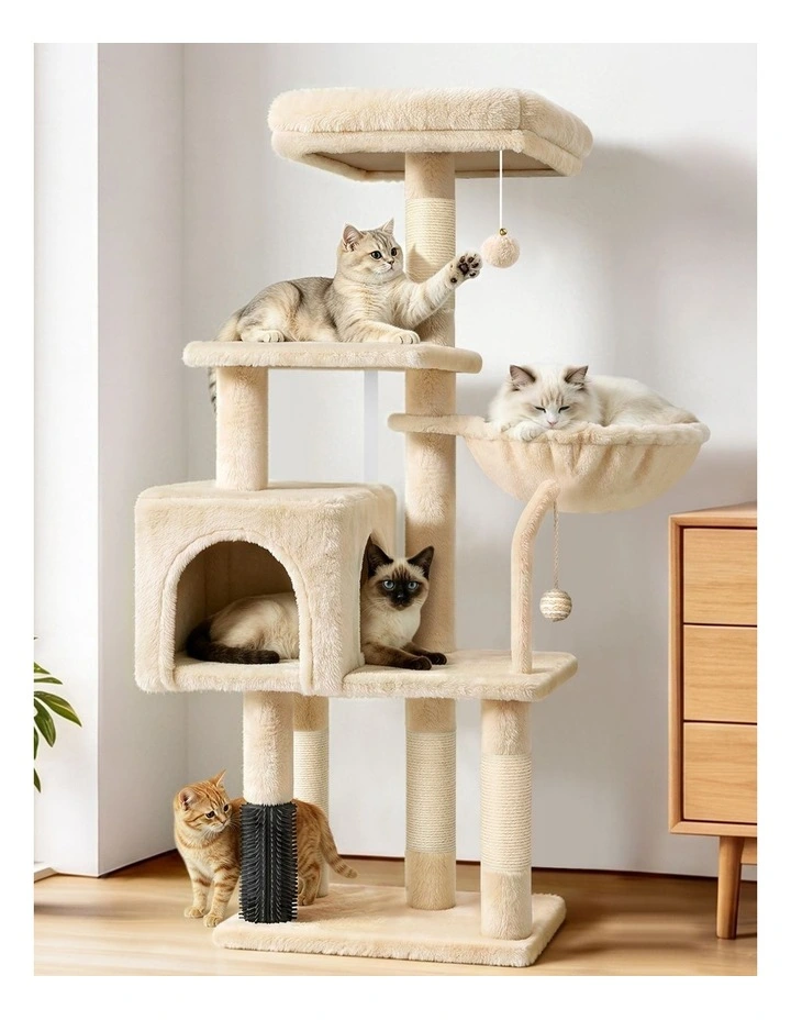Cat Tree Tower 111cm Scratching Post House Furniture Beige image 2