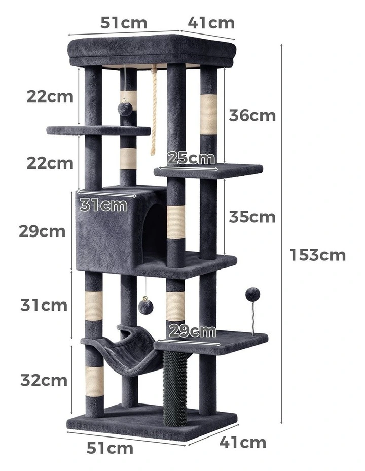 Cat Tree Tower 153cm Scratching Post Scratcher House Grey image 3