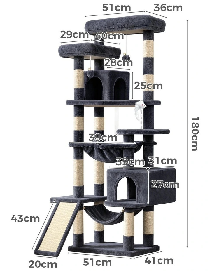 180cm Cat Tree Tower Scratching Post Condo House Grey image 3