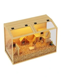 Large Wooden Hamster Cage LED Light Chew-Proof Glass Small Pet Habitat