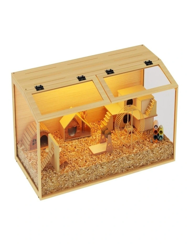 Large Wooden Hamster Cage LED Light Chew-Proof Glass Small Pet Habitat image 1