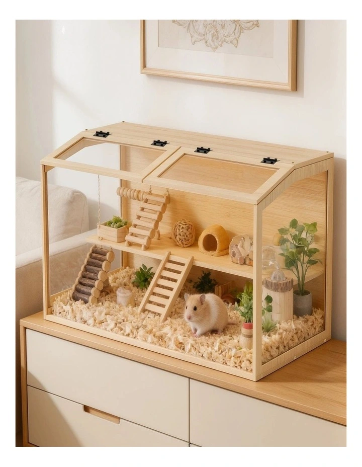 Large Wooden Hamster Cage LED Light Chew-Proof Glass Small Pet Habitat image 2