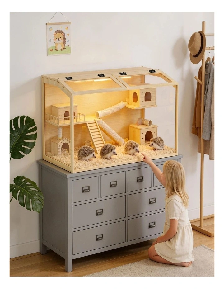Large Wooden Hamster Cage LED Light Chew-Proof Glass Small Pet Habitat image 3