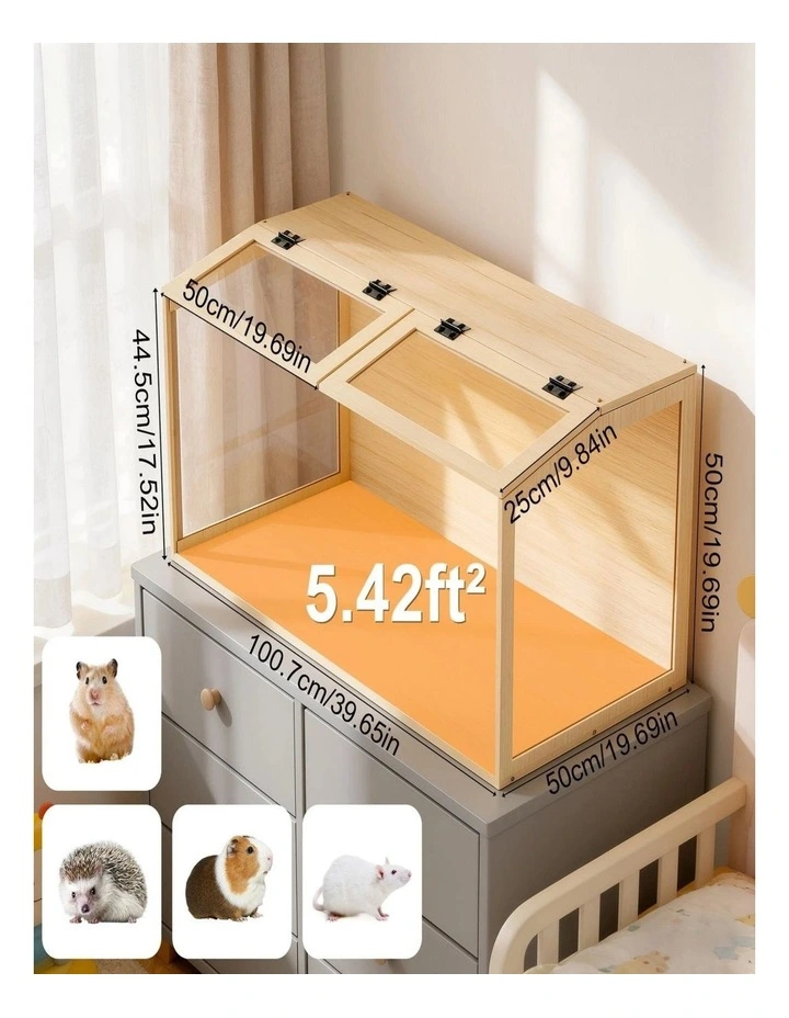 Large Wooden Hamster Cage LED Light Chew-Proof Glass Small Pet Habitat image 4