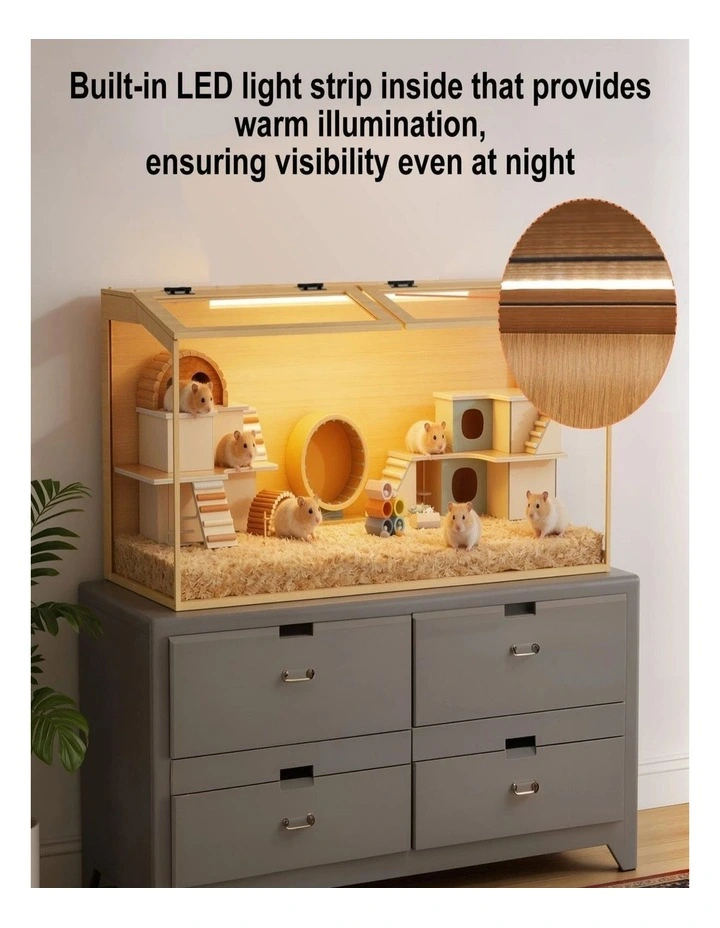 Large Wooden Hamster Cage LED Light Chew-Proof Glass Small Pet Habitat image 5
