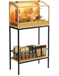 Glass Hamster Cage with Stand LED Light Storage Shelf Small Pet Habitat