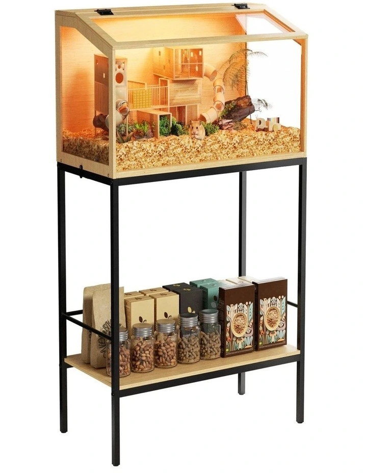 Glass Hamster Cage with Stand LED Light Storage Shelf Small Pet Habitat image 1
