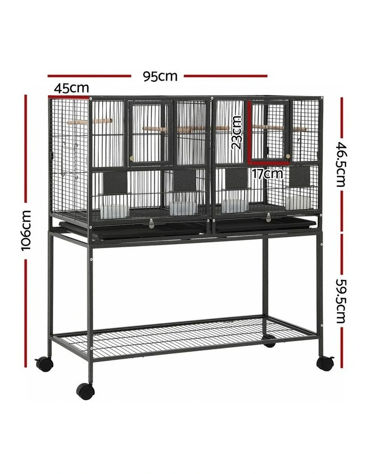 i.Pet 106cm 2-in-1 Bird Cage Aviary with Divider Parrot Budgie Wheels Black image 2