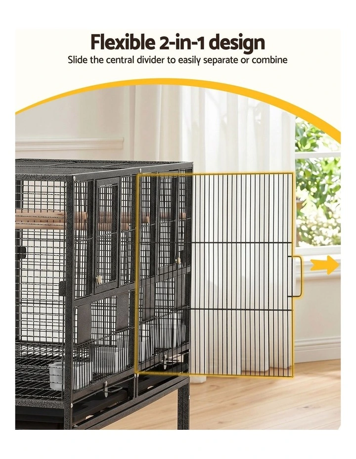 i.Pet 106cm 2-in-1 Bird Cage Aviary with Divider Parrot Budgie Wheels Black image 4