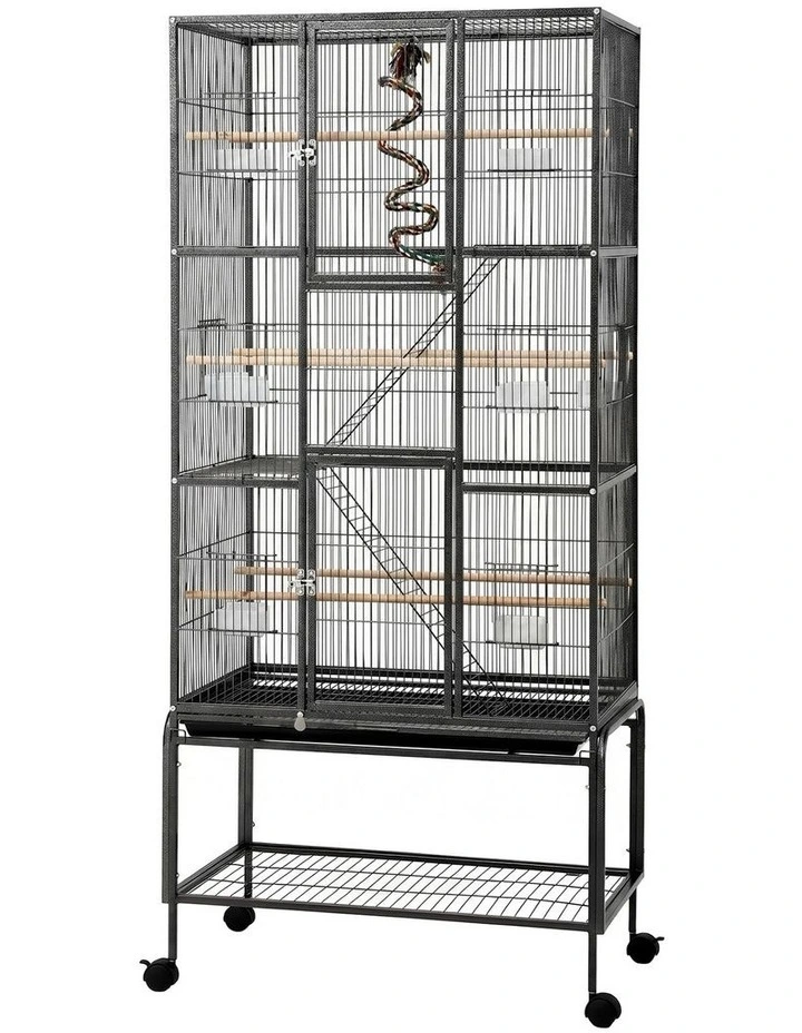 i.Pet 176cm 3-Tier Large Bird Cage Aviary with Ladder Parrot Budgie Wheels Black image 1