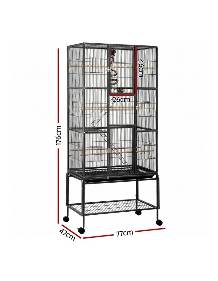 i.Pet 176cm 3-Tier Large Bird Cage Aviary with Ladder Parrot Budgie Wheels Black image 2