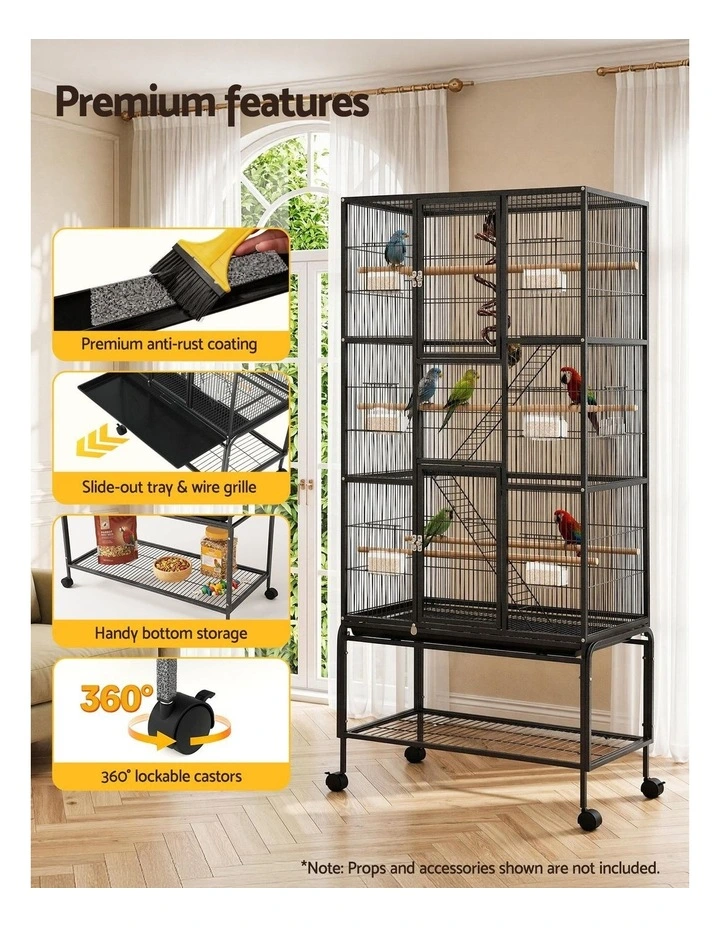 i.Pet 176cm 3-Tier Large Bird Cage Aviary with Ladder Parrot Budgie Wheels Black image 6