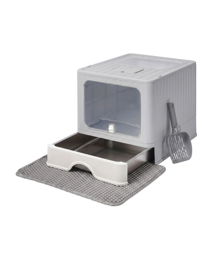 PaWz Cat Litter Box Stainless Steel Enclosed Drawer Odor Control Foldable Grey image 1