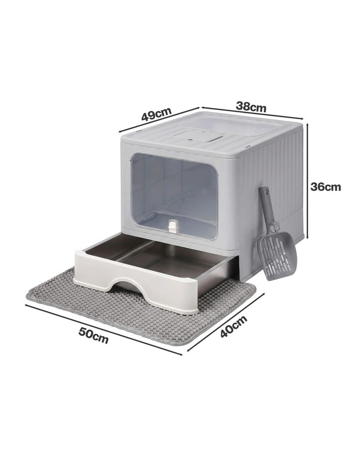 PaWz Cat Litter Box Stainless Steel Enclosed Drawer Odor Control Foldable Grey image 2