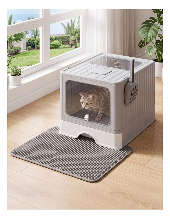 PaWz Cat Litter Box Stainless Steel Enclosed Drawer Odor Control Foldable Grey image 6