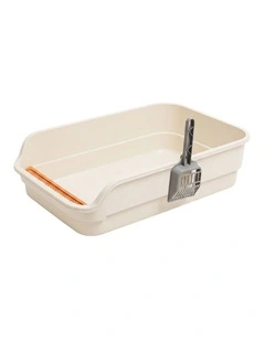 PaWz Cat Litter Tray Large 60X40X16cm Open Top High Sides Low Entry Beige