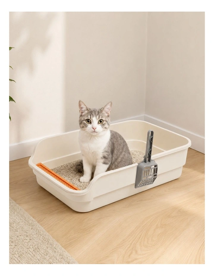PaWz Cat Litter Tray Large 60X40X16cm Open Top High Sides Low Entry Beige image 3