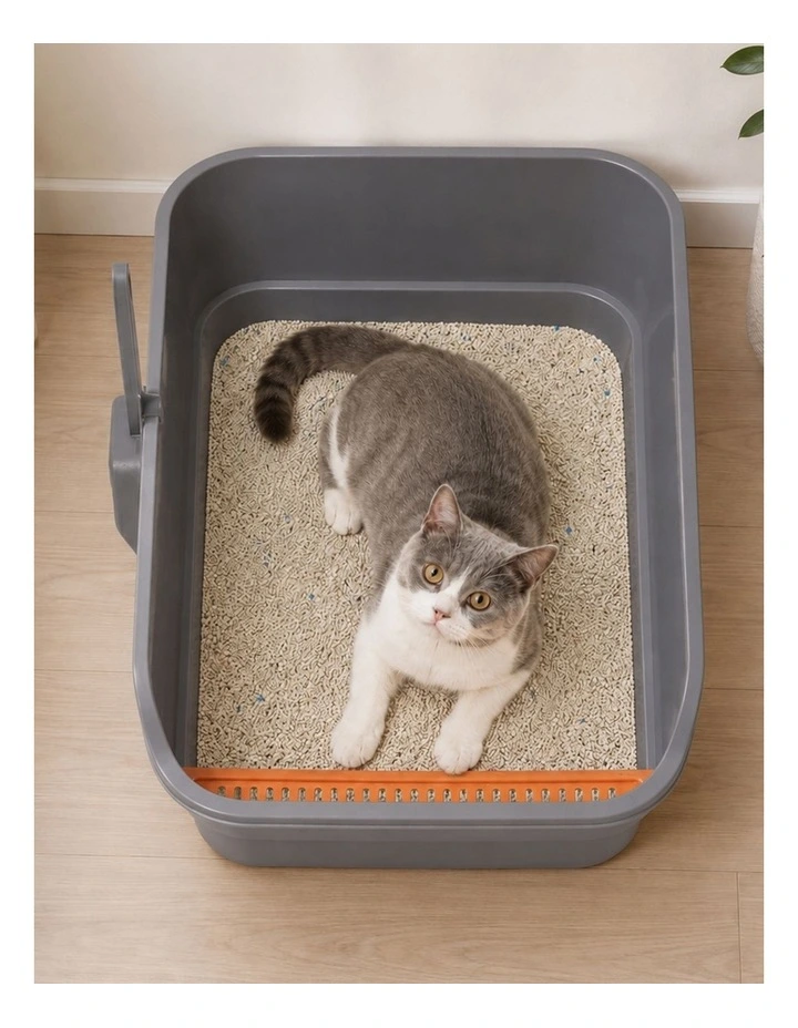 PaWz Cat Litter Tray Large 60X40X16cm Open Top High Sides Low Entry Grey image 3