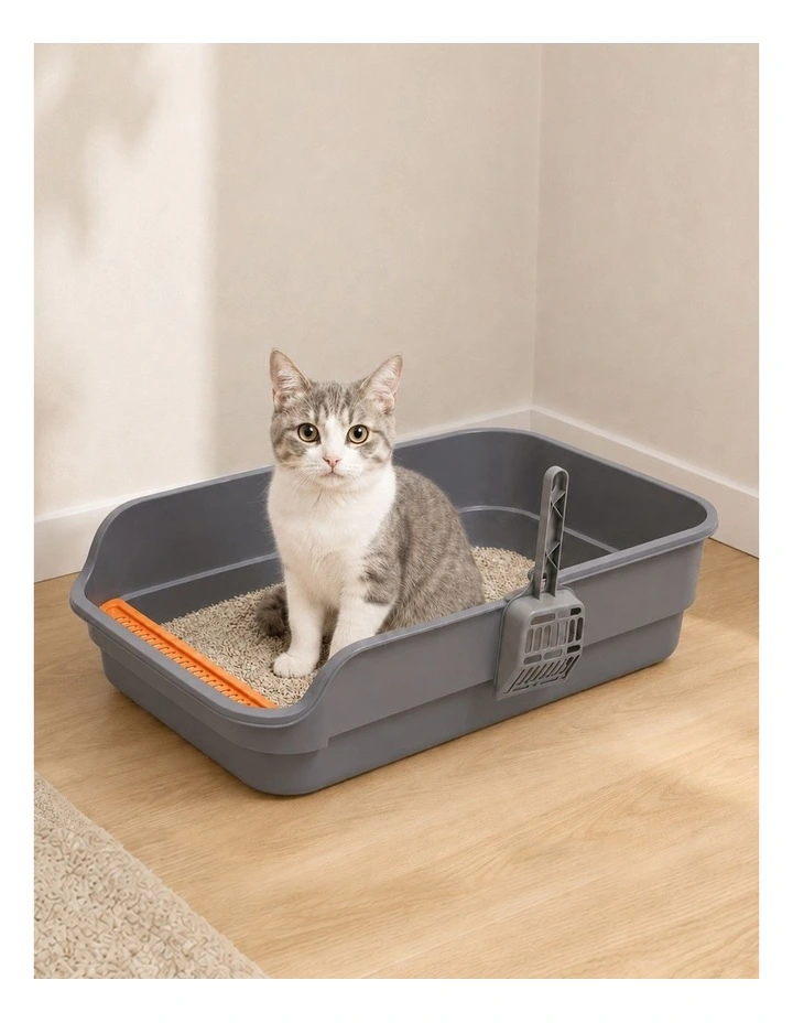 PaWz Cat Litter Tray Large 60X40X16cm Open Top High Sides Low Entry Grey image 4