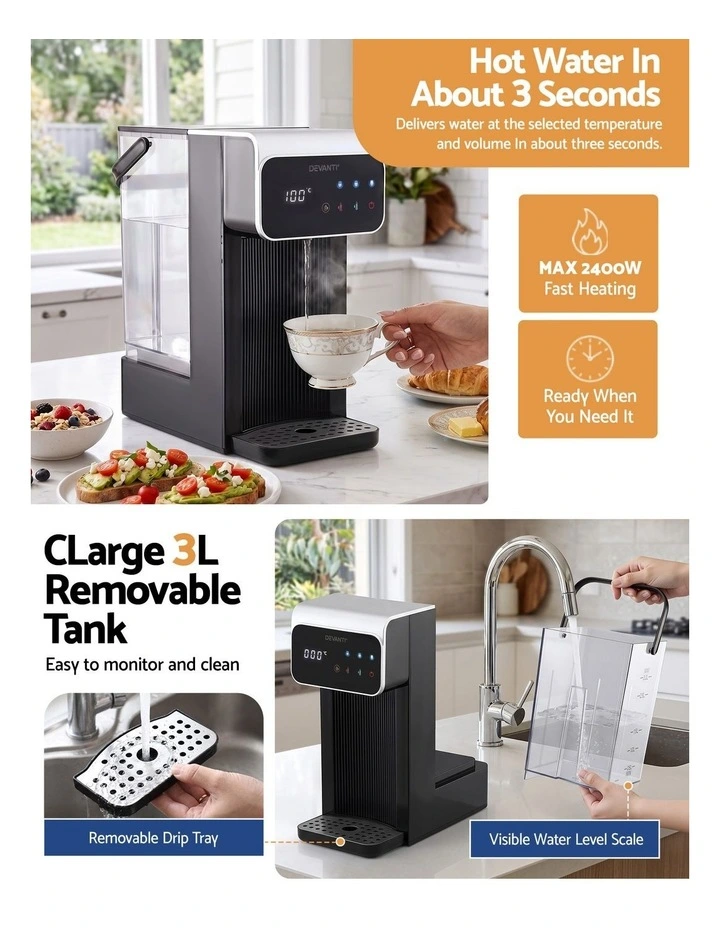 Devanti Instant Hot Water Dispenser 3L Heating Kettle 2400W Touch Control Water Black image 3