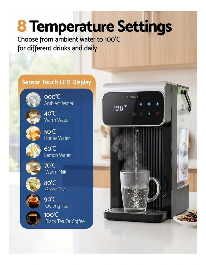 Devanti Instant Hot Water Dispenser 3L Heating Kettle 2400W Touch Control Water Black image 4