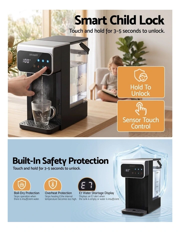 Devanti Instant Hot Water Dispenser 3L Heating Kettle 2400W Touch Control Water Black image 5