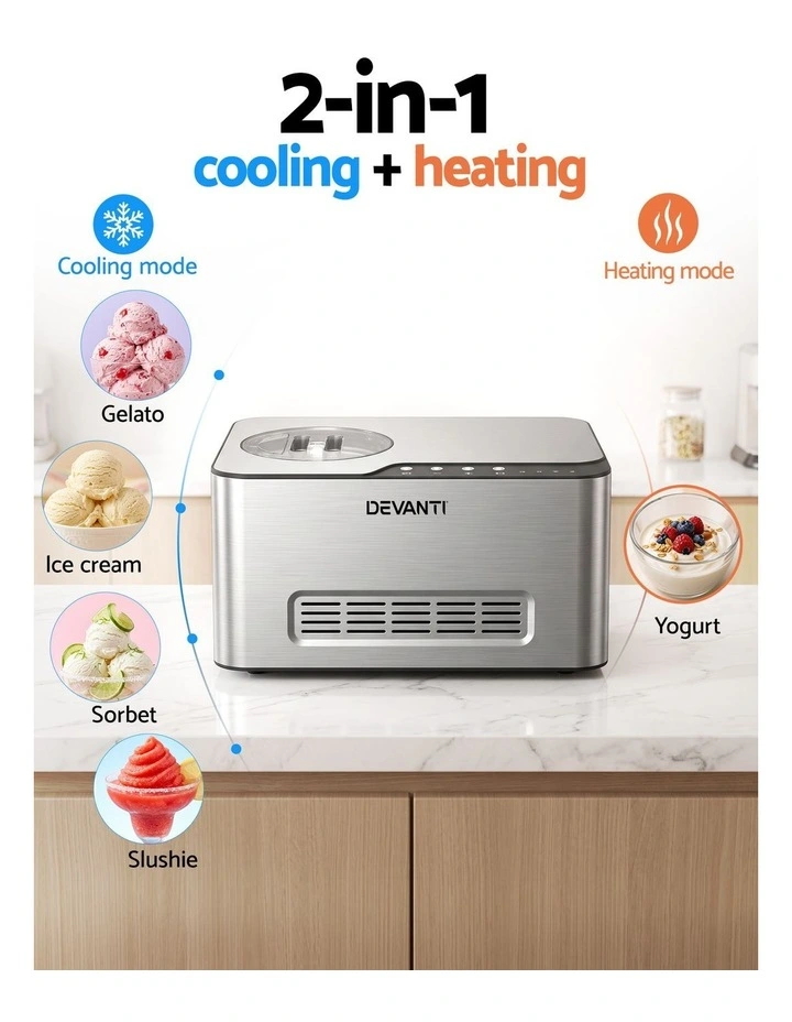 Devanti 2L 2-in-1 Ice Cream & Yoghurt Maker Machine No Pre-Freezing Homemade Gelato Sorbet image 4