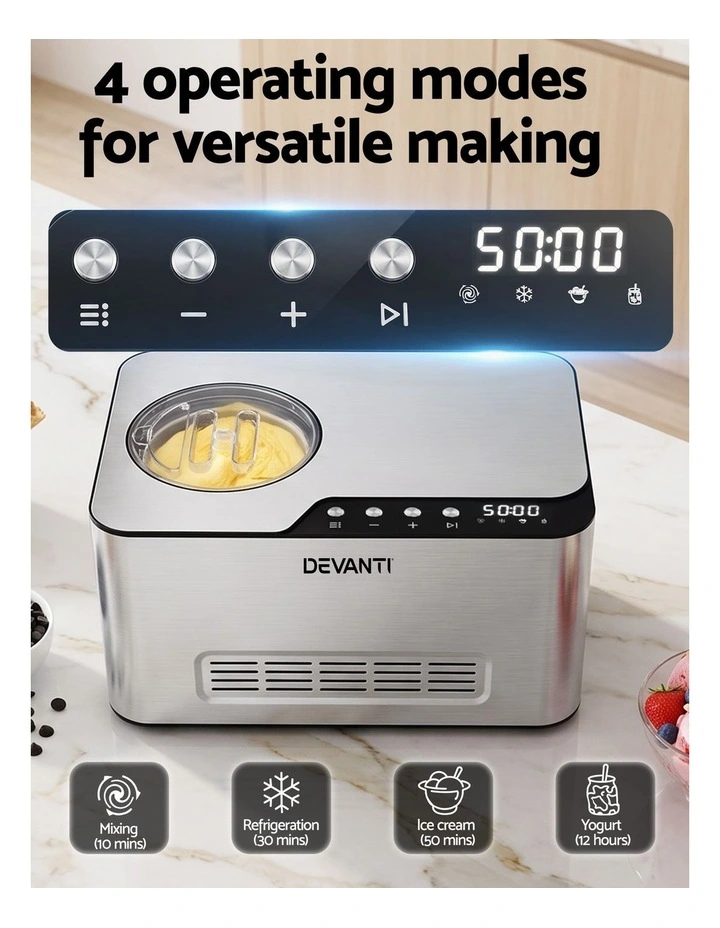 Devanti 2L 2-in-1 Ice Cream & Yoghurt Maker Machine No Pre-Freezing Homemade Gelato Sorbet image 6
