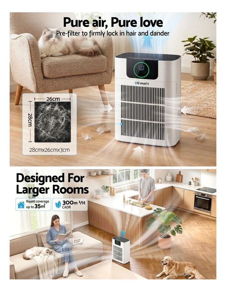 Devnati Pet Air Purifier 3 Stage HEPA Filter Cleaner PM25 Display Cat Dog Hair White image 4