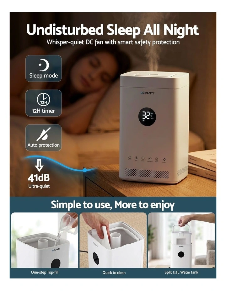 Devanti Ultrasonic Humidifier Air Purifier Top Fill Auto Humidity 3.5L White image 6